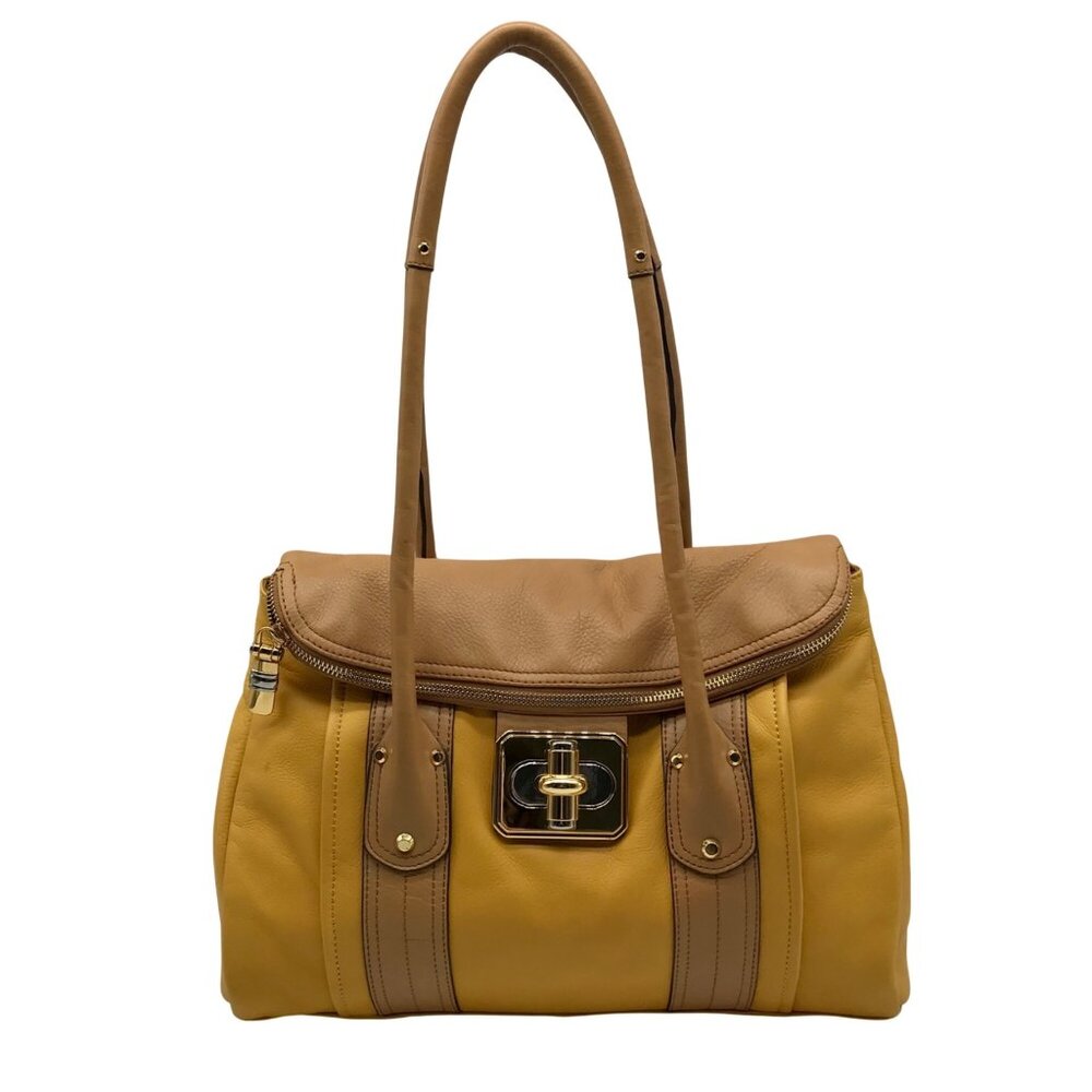 B. Makowsky Yellow Leather Flap Turn Lock Shoulder Bag